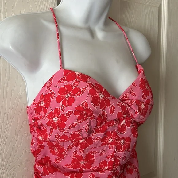 Zara Womens Pink‎ Red Floral Ruched Bodycon Mini Dress Sz Med Summer 💕 - Picture 9 of 14